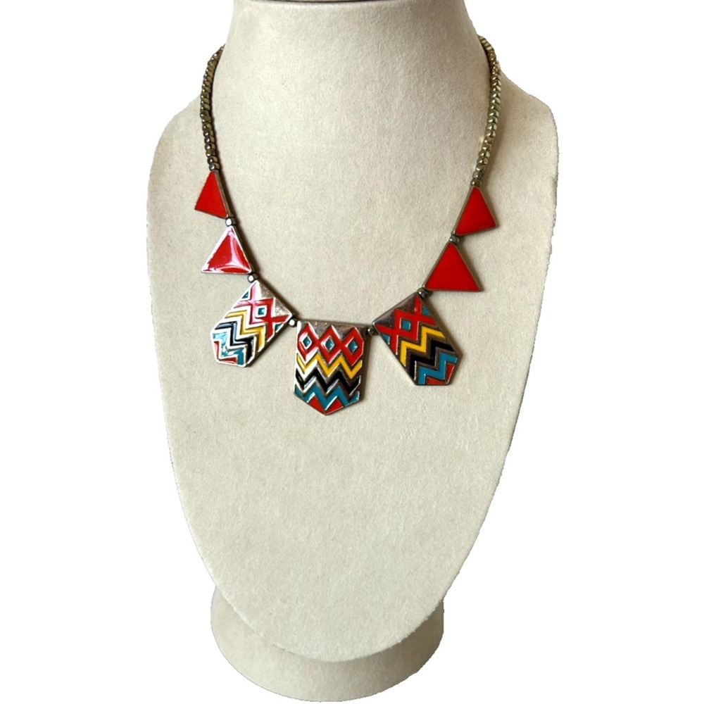 80s 90s Triangle Bib Necklace Silver Tone Multi Color Geometric Tribal Inspired